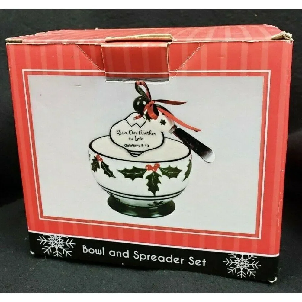 Serving Set Christmas Dip Bowl Spreader Holly Berries Bible Verse Galatians Love